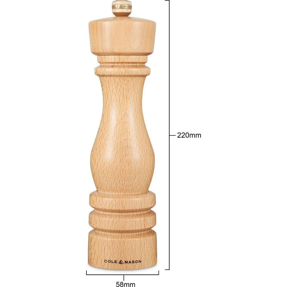 Ein hölzerner Pfeffermühlen. Er ist 220mm hoch und 58mm breit.