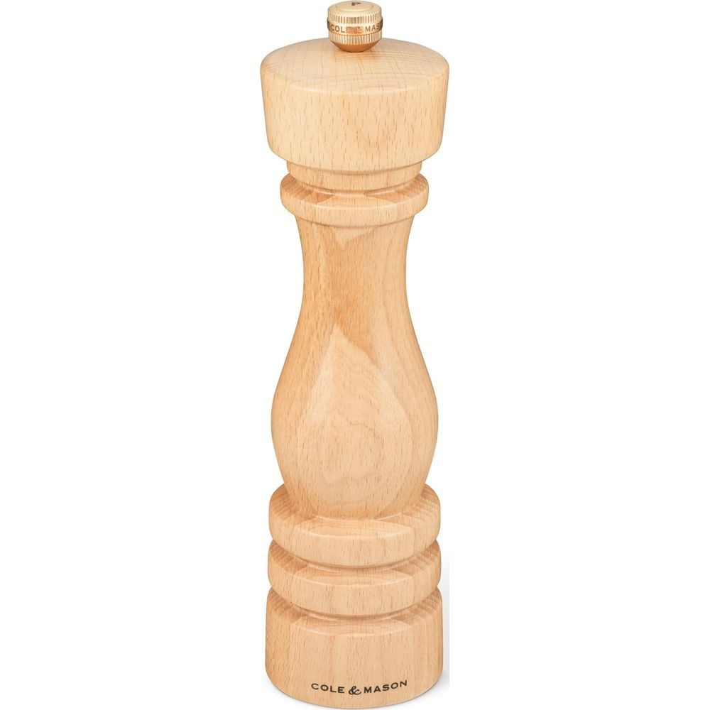 Holz-Pfeffermühle mit markantem Design und silbernem Knopf oben.