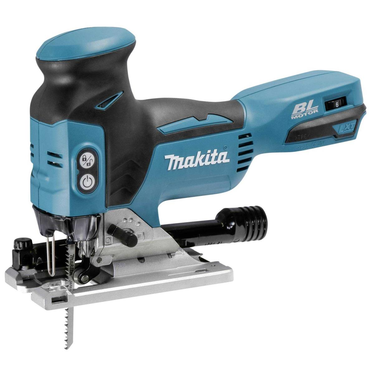 Eine blaue und schwarze Makita Akku-Stichsäge mit ausgefahrenem Sägeblatt.