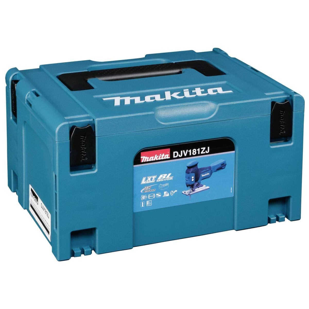 Türkiser Makita Werkzeugkasten mit blauem Stichsägen-Aufdruck und Griff.
