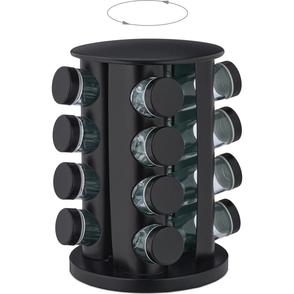 Ein schwarzer Gewürzregal-Karussell mit 16 Gläsern. Die Gläser haben schwarze Deckel.