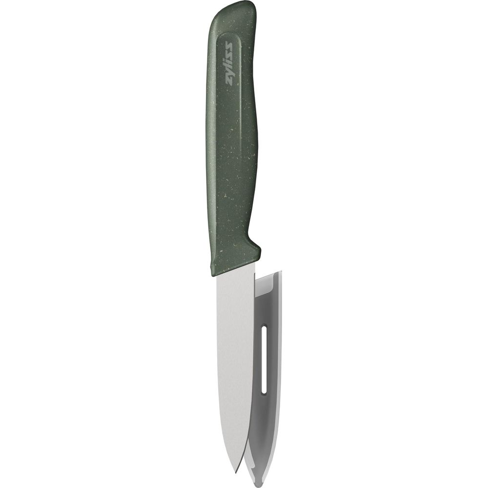 Manche de couteau vert avec lame argentée et étui de protection.