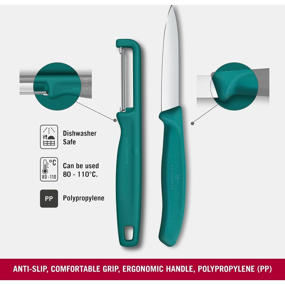 Ein türkiser Sparschäler und ein Messer mit weißen Klingen und türkisen Griffen.