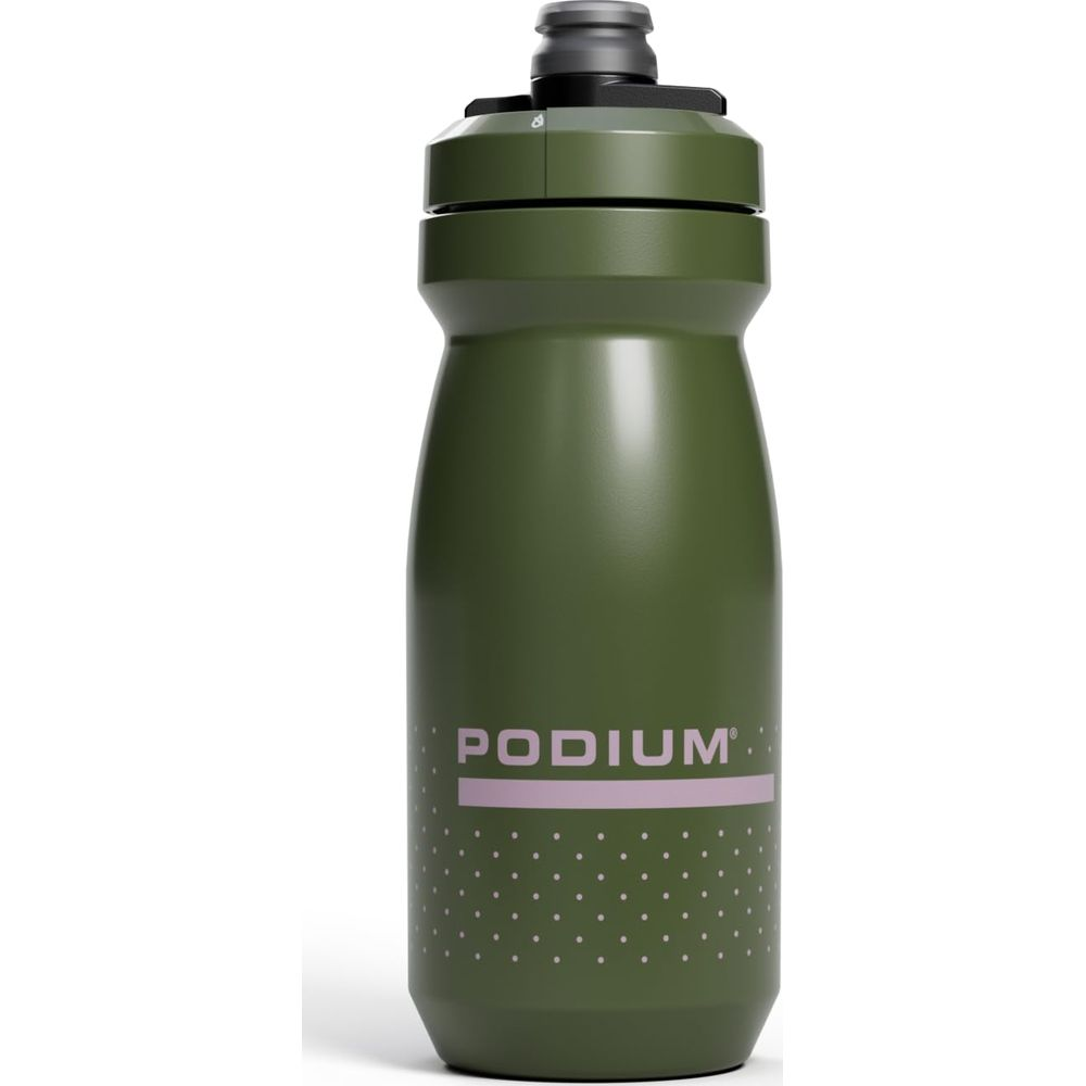 Eine grüne Trinkflasche mit grauem Deckel und rosa Punkten.