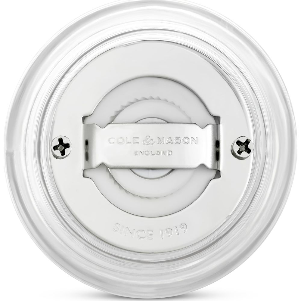 Nahaufnahme des Mühlenbodens mit "Cole & Mason England Since 1919" Prägung.
