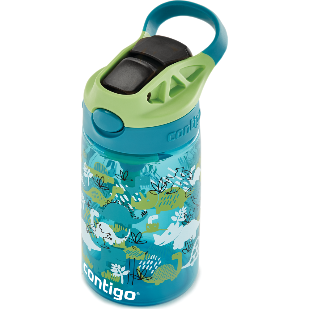 Blauer Kinderbecher mit Dinosaurier-Aufdruck und grünem Deckel.
