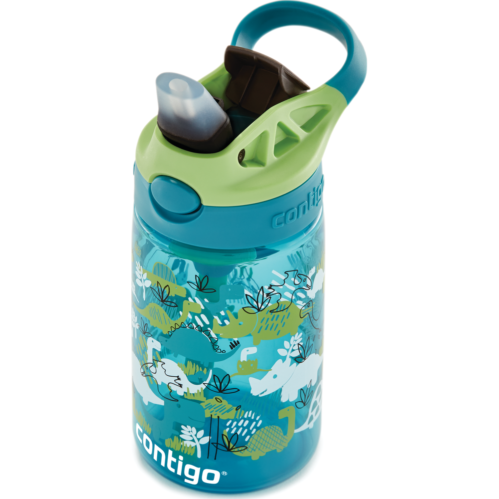 Blaue Flasche mit Dinosaurier-Motiv und grünem Deckel, weißer Hintergrund.