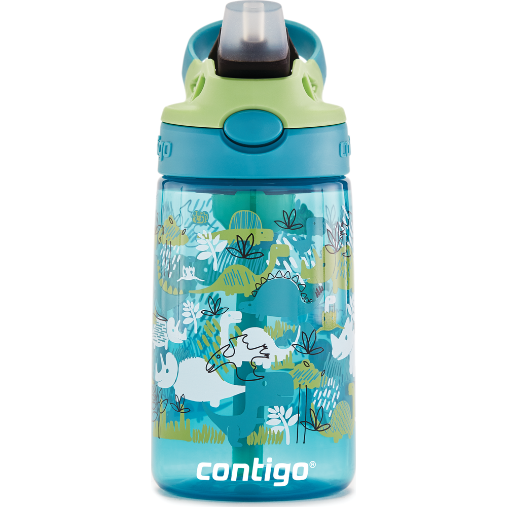 Blauer Contigo-Trinkbecher mit Dinosaurier-Druck und grünem Deckel.