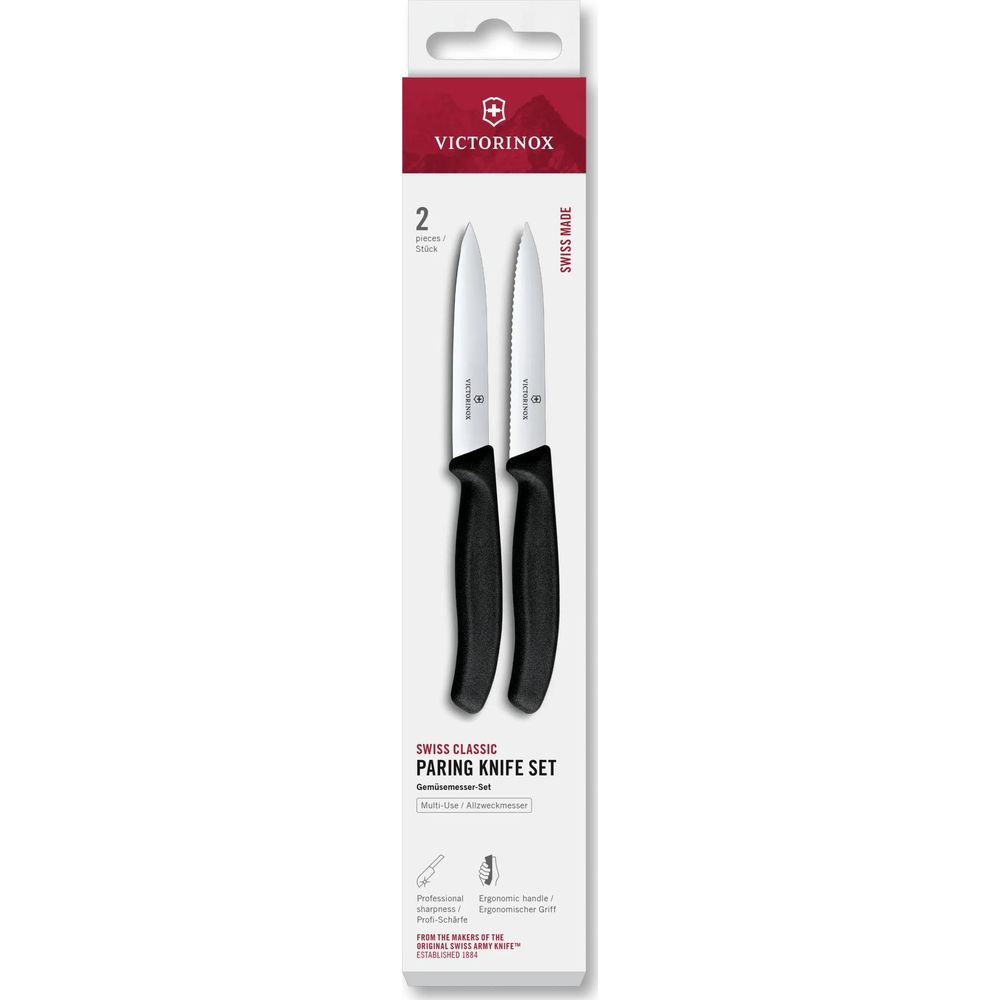 Emballage avec deux couteaux d'office Victorinox, manches noirs, lames argentées.