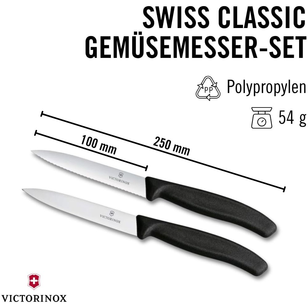 Deux couteaux à légumes Victorinox, 100mm et 250mm, avec manches noirs.