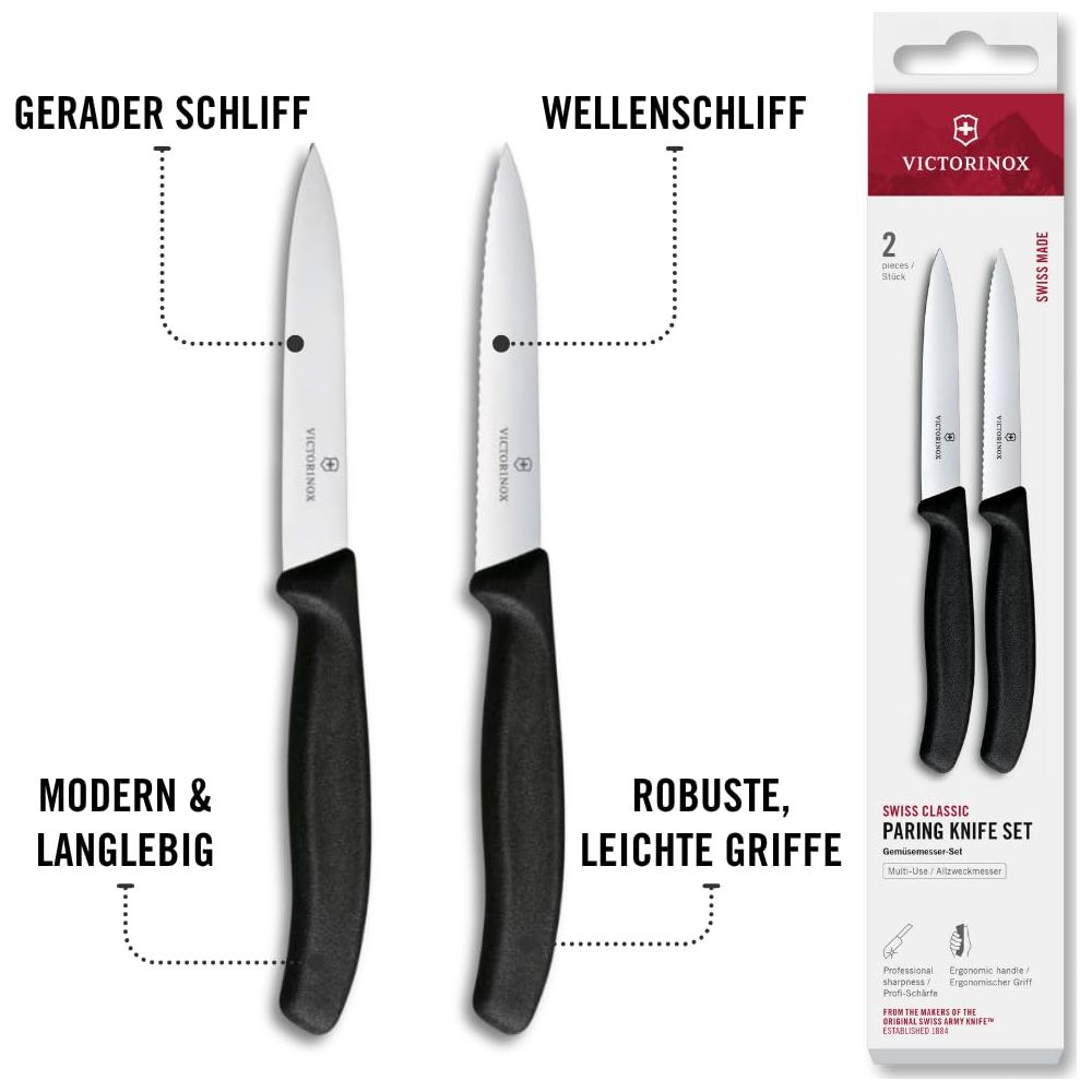 Set de couteaux Victorinox avec deux couteaux d'office, un lisse et un dentelé.