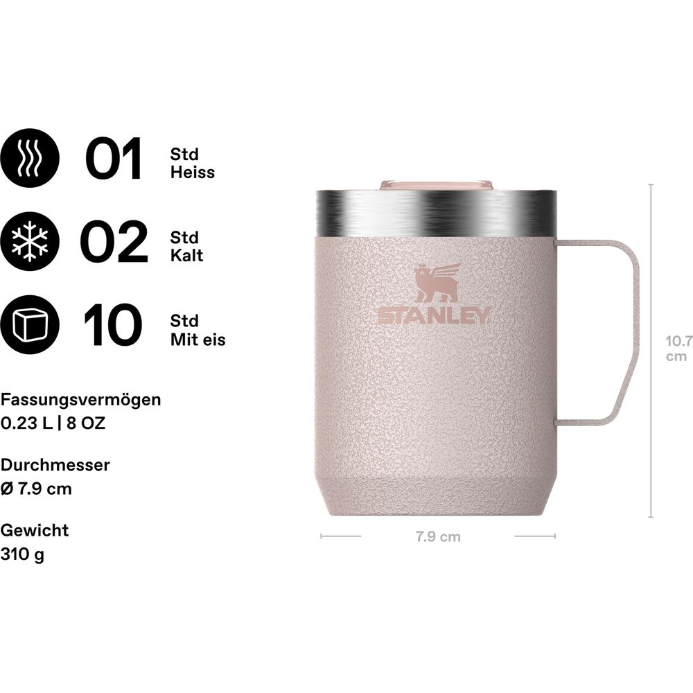 Eine rosafarbene Stanley-Tasse mit Griff, Maße und Haltezeiten.