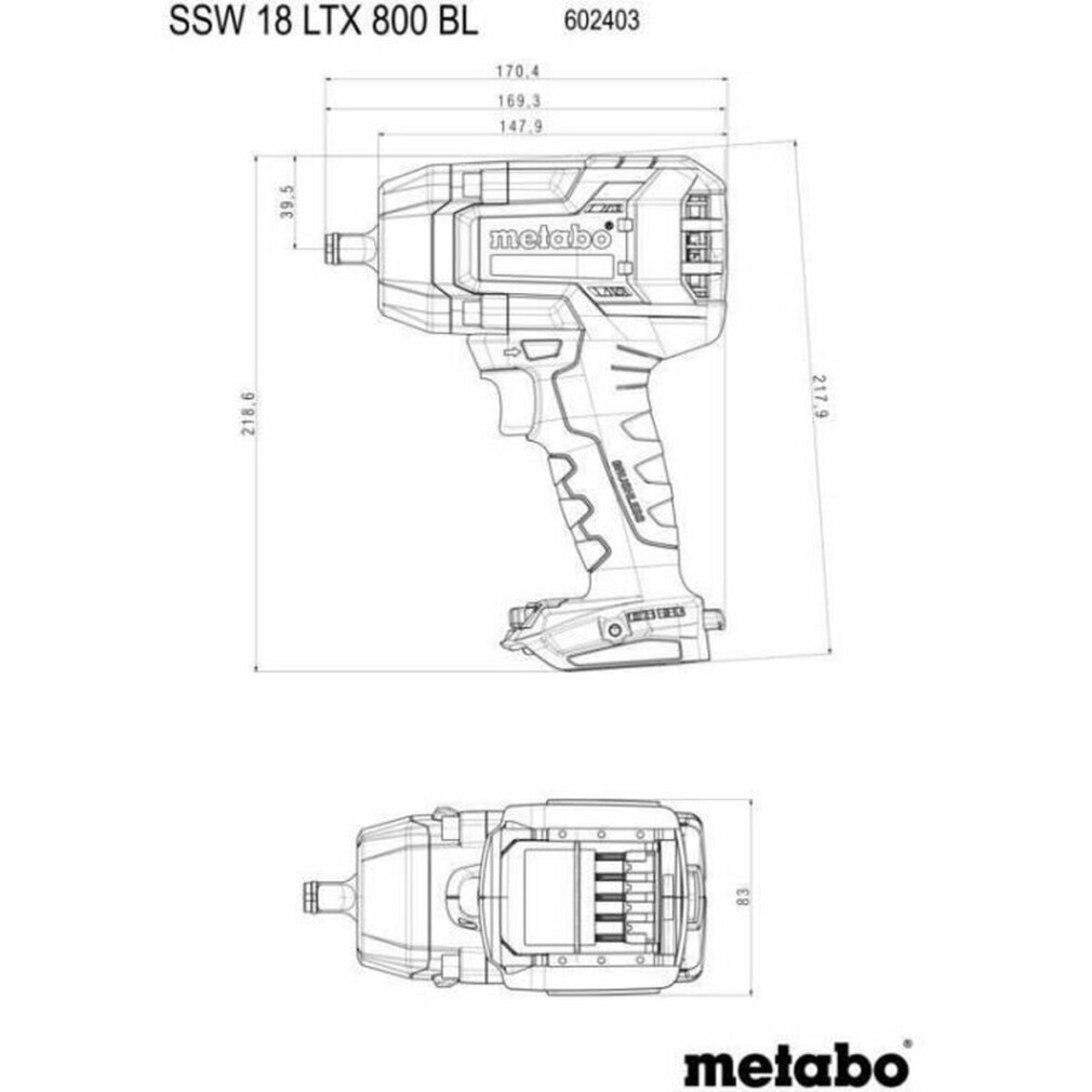 Technische Zeichnung eines Metabo Akkuschlagschraubers mit Maßen.