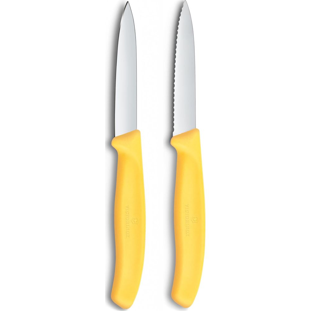 Zwei gelbe Messer mit silbernen Klingen, eine glatt, eine gezahnt.