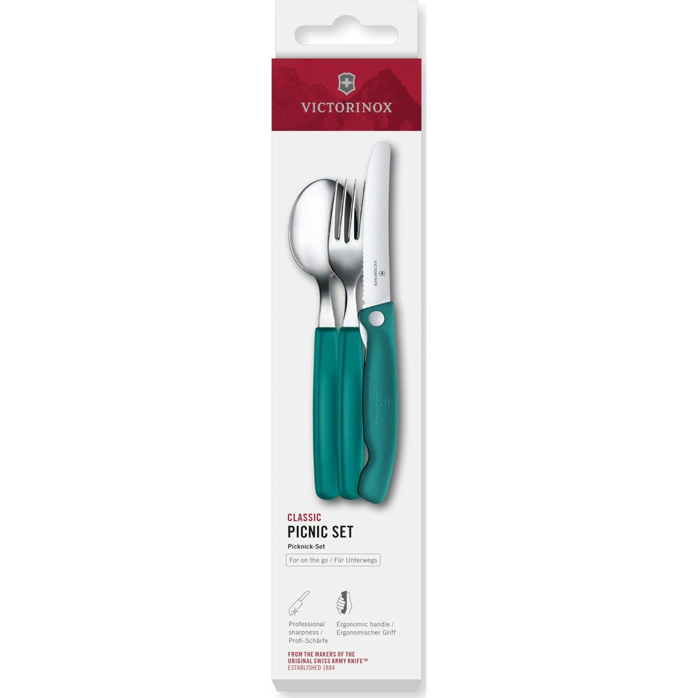 Victorinox Picknick-Set mit Gabel, Messer und Löffel in Türkis.