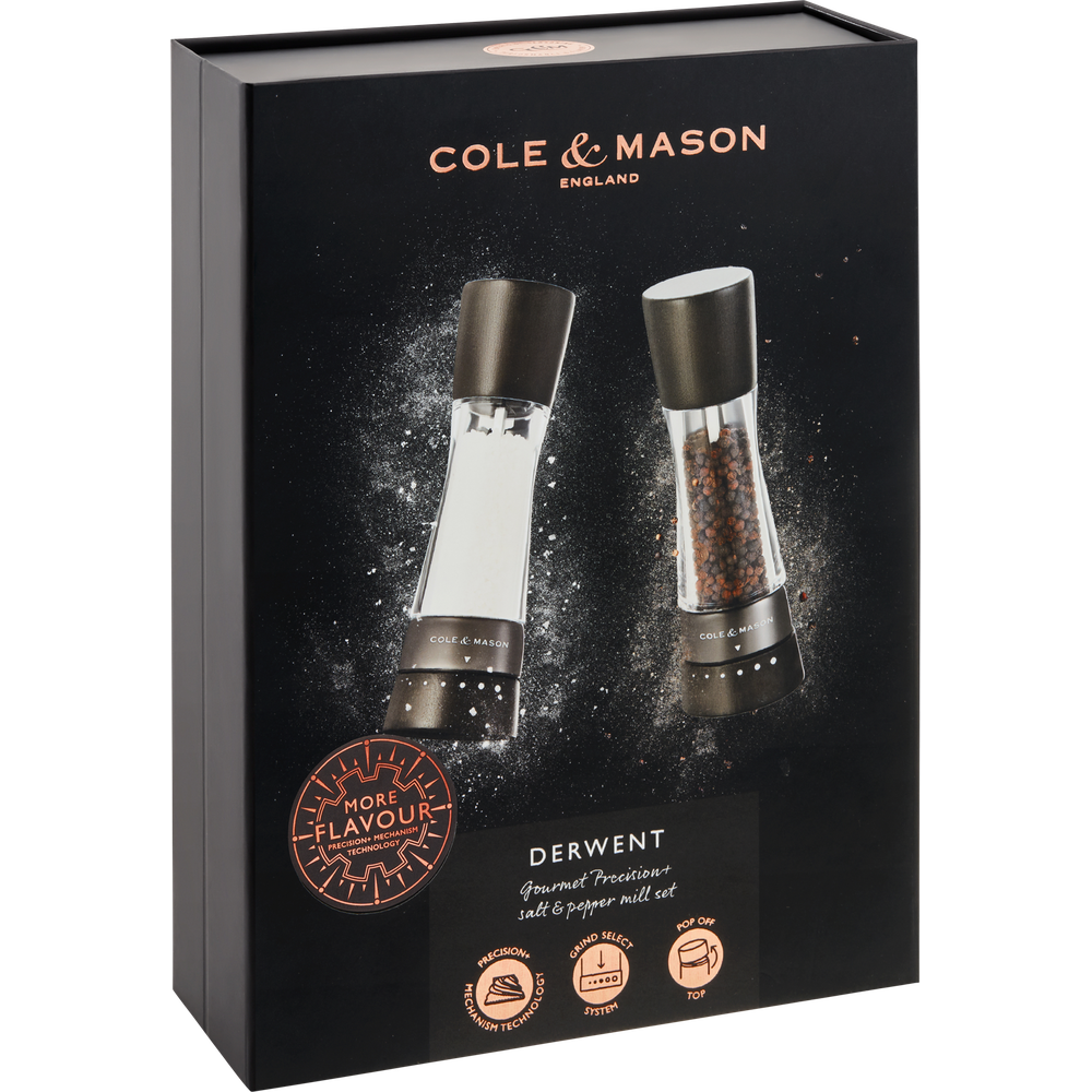 Cole & Mason Salz- und Pfeffermühlen-Set auf schwarzer Verpackung.