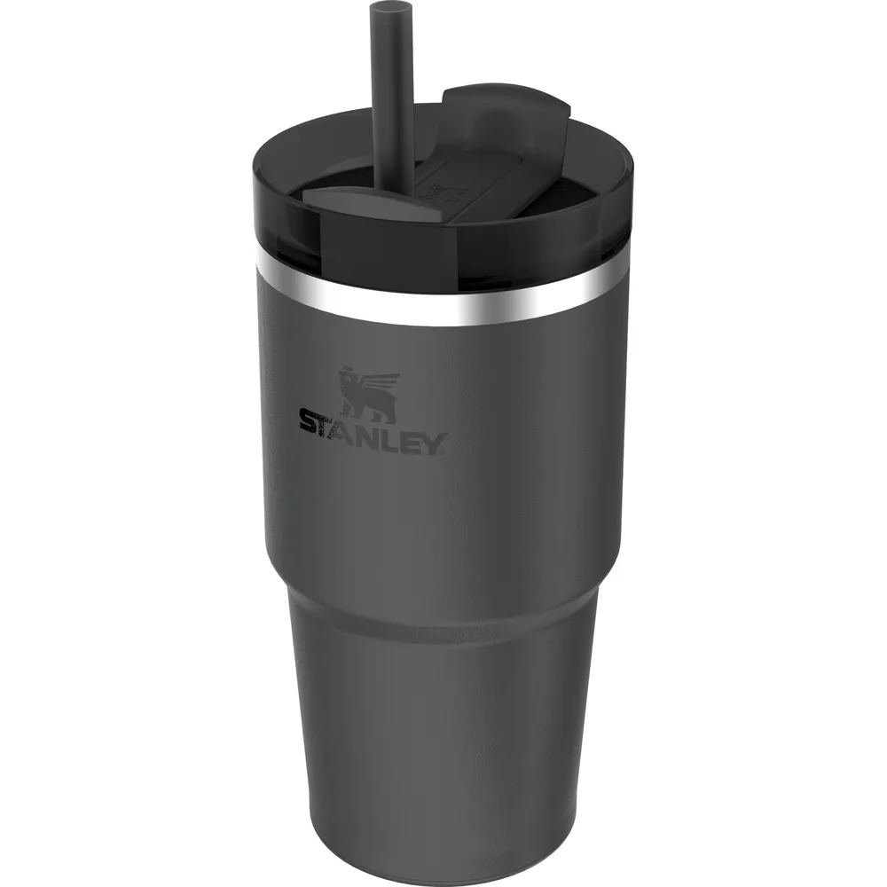 Siyah kapaklı ve pipetli gri Stanley bardağı.