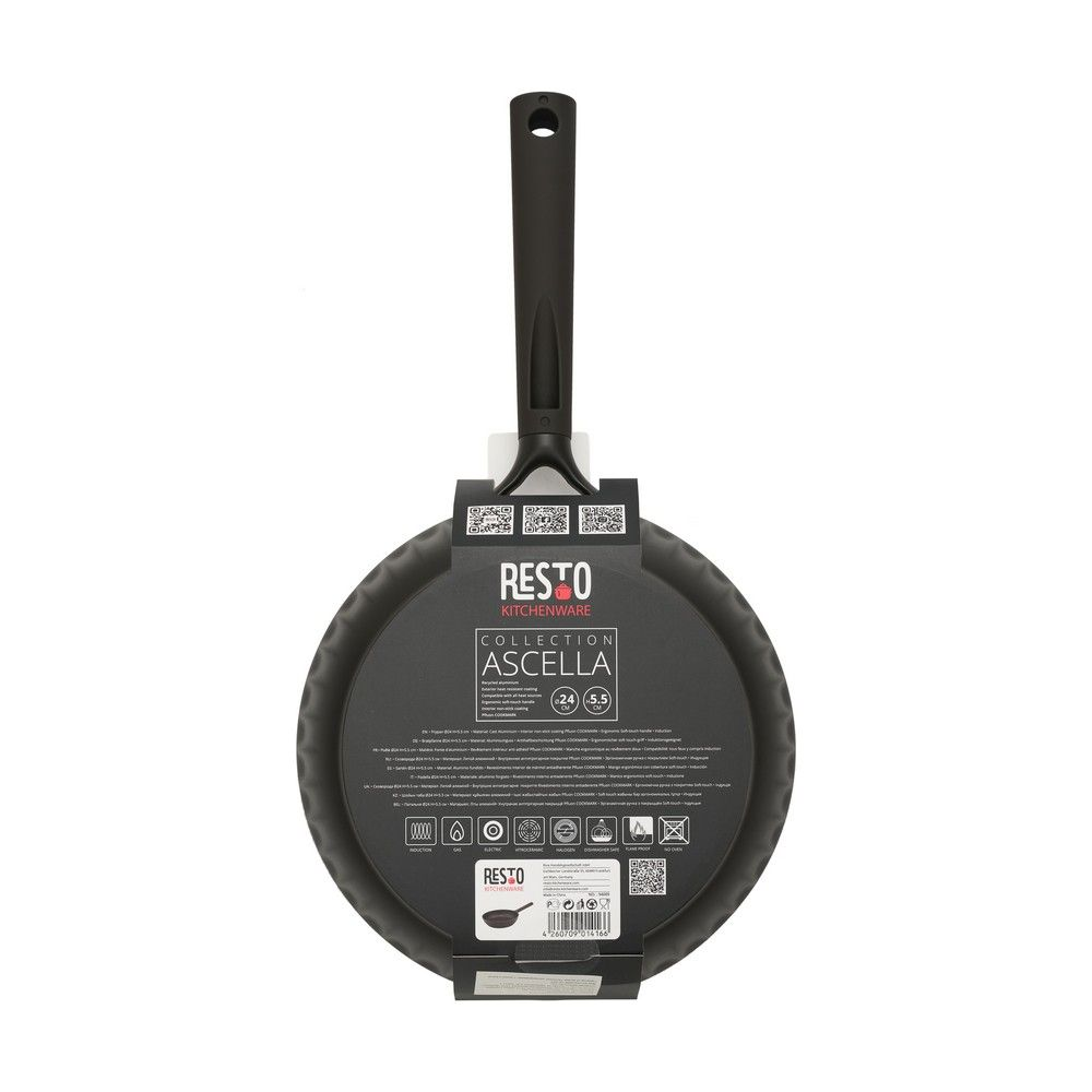 Schwarze Pfanne mit schwarzem Griff, Marke: Resto, Modell: Ascella, 24 cm.