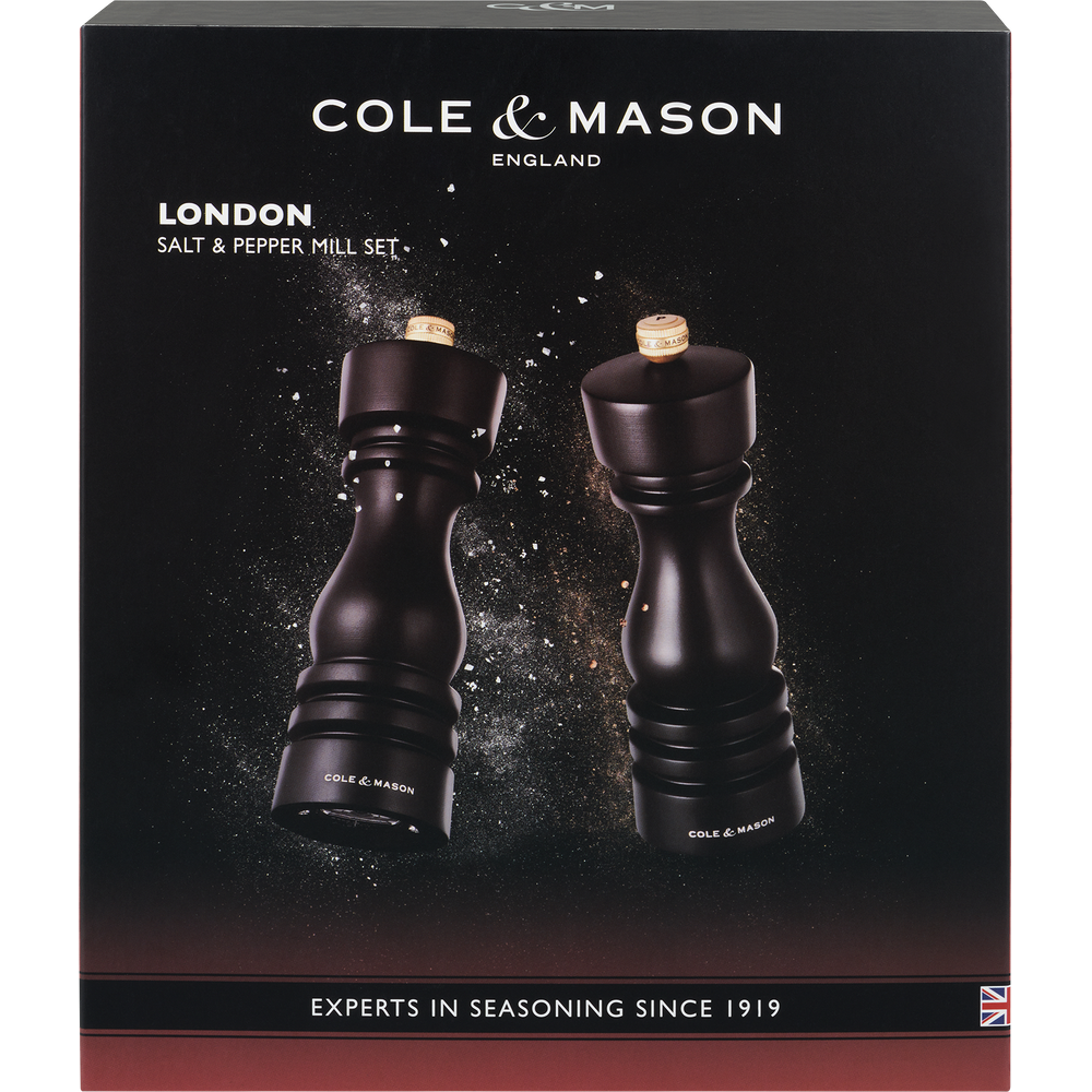 Zwei schwarze Holz-Salz- und Pfeffermühlen von Cole & Mason.