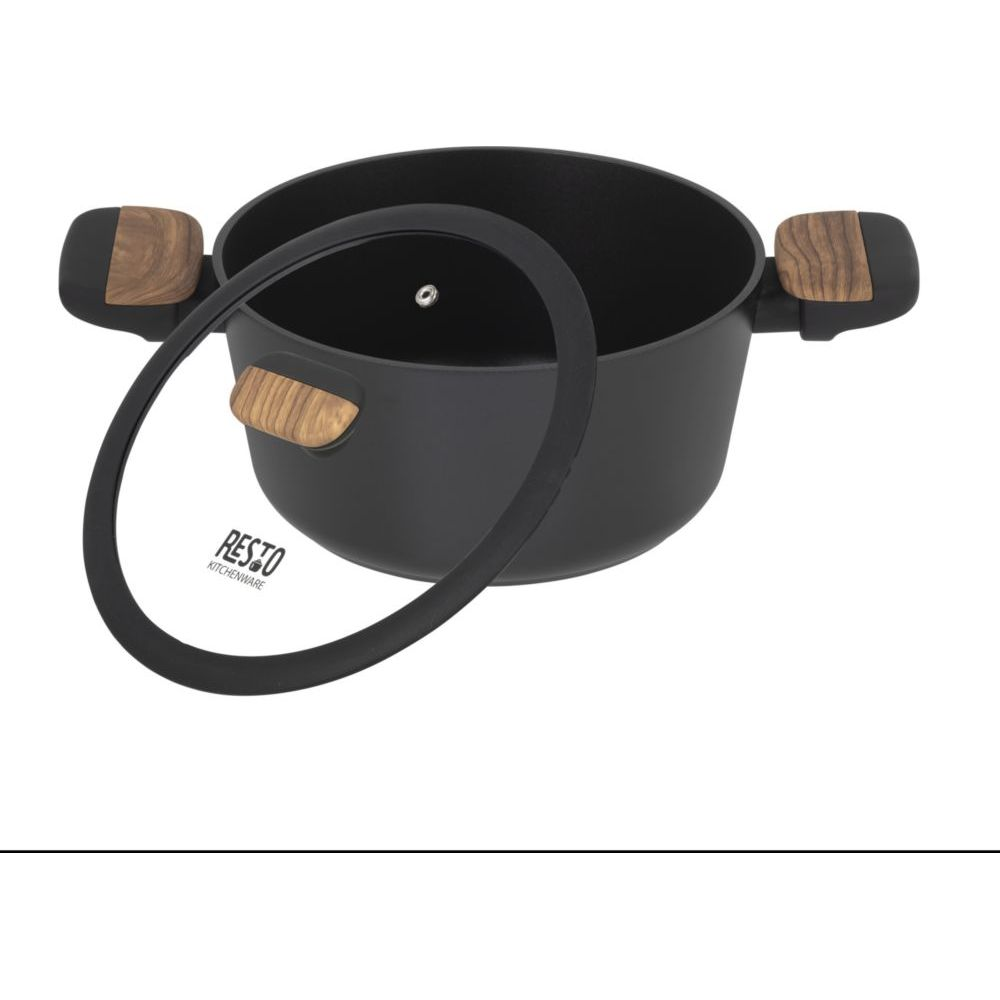 Casserole noire avec poignées en bois et couvercle en verre, logo 