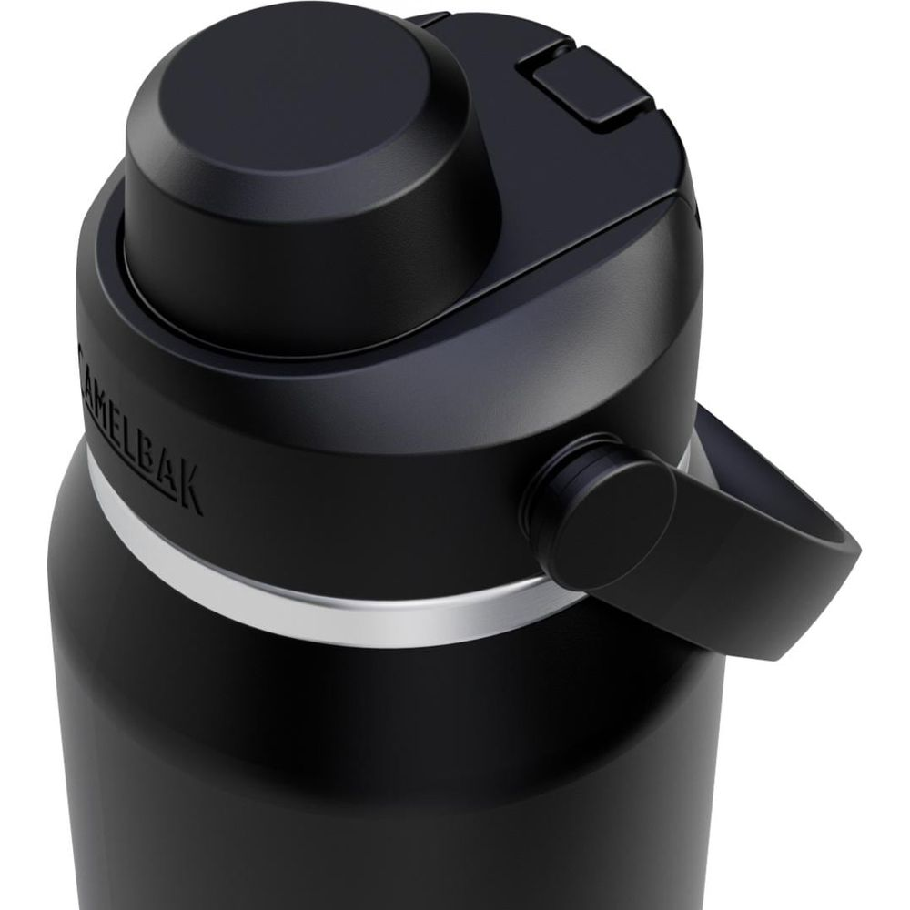 Schwarze Camelbak-Flasche mit silbernem Ring und schwarzem Griff.