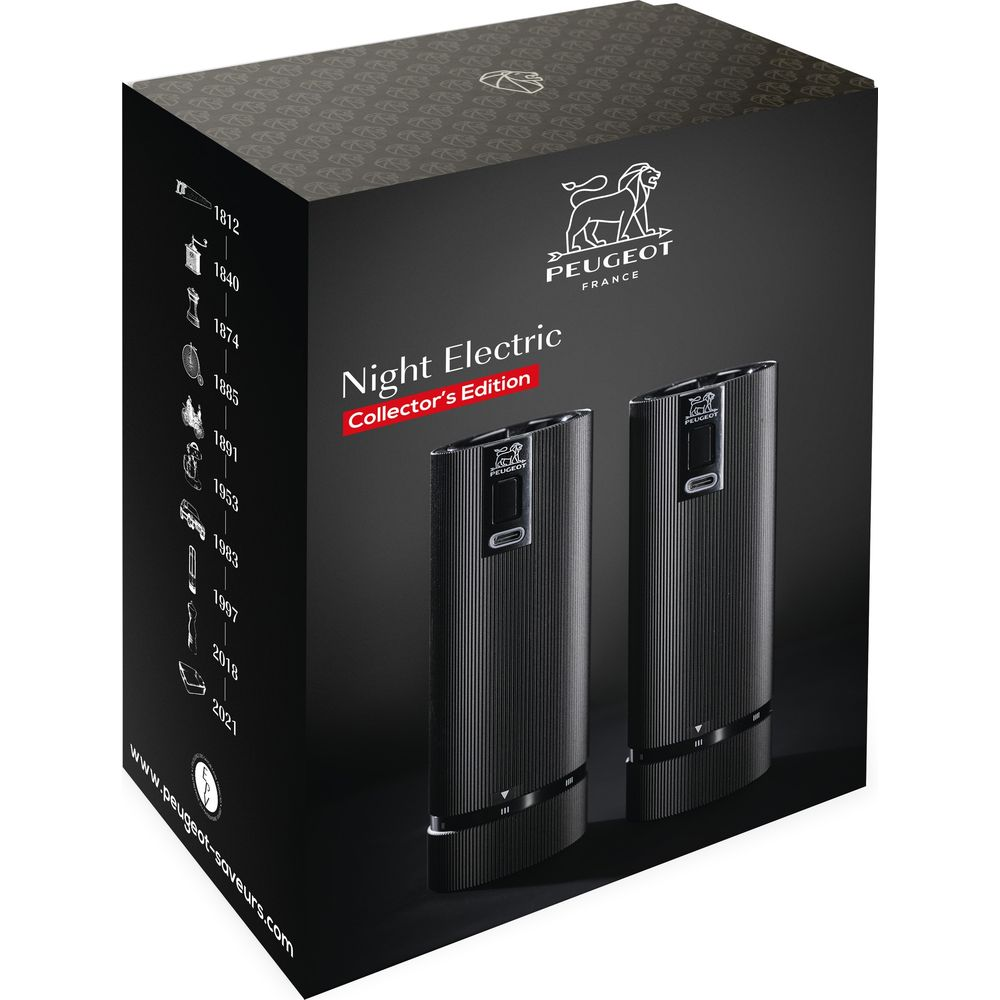 Scatola Peugeot Night Electric Collector's Edition con due macinini elettrici neri.