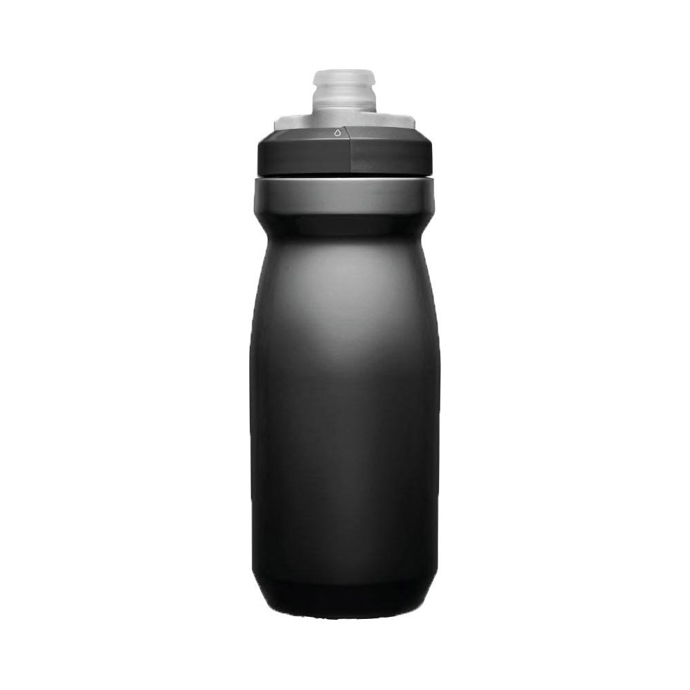 Eine schwarze Trinkflasche mit grauem Deckel und weißem Mundstück.