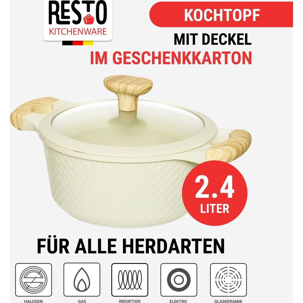 Une cocotte crème avec poignées en bois et couvercle en verre, 2,4 L, tous feux.