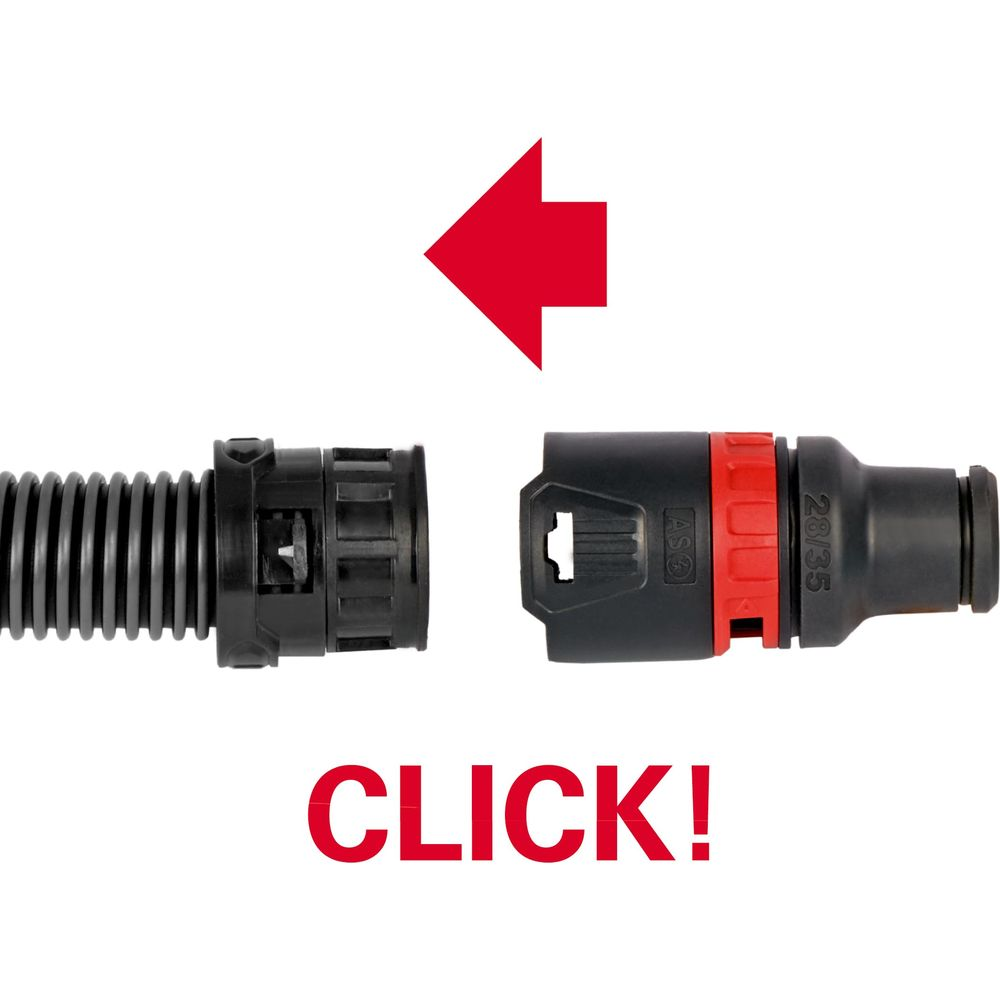 Roter Pfeil zeigt auf zwei schwarze Stecker, die verbunden werden. Wort 'CLICK!'.