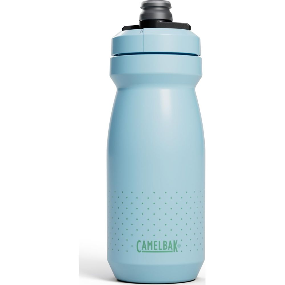 Hellblaue Camelbak-Wasserflasche mit grauem Deckel und gepunktetem Muster.
