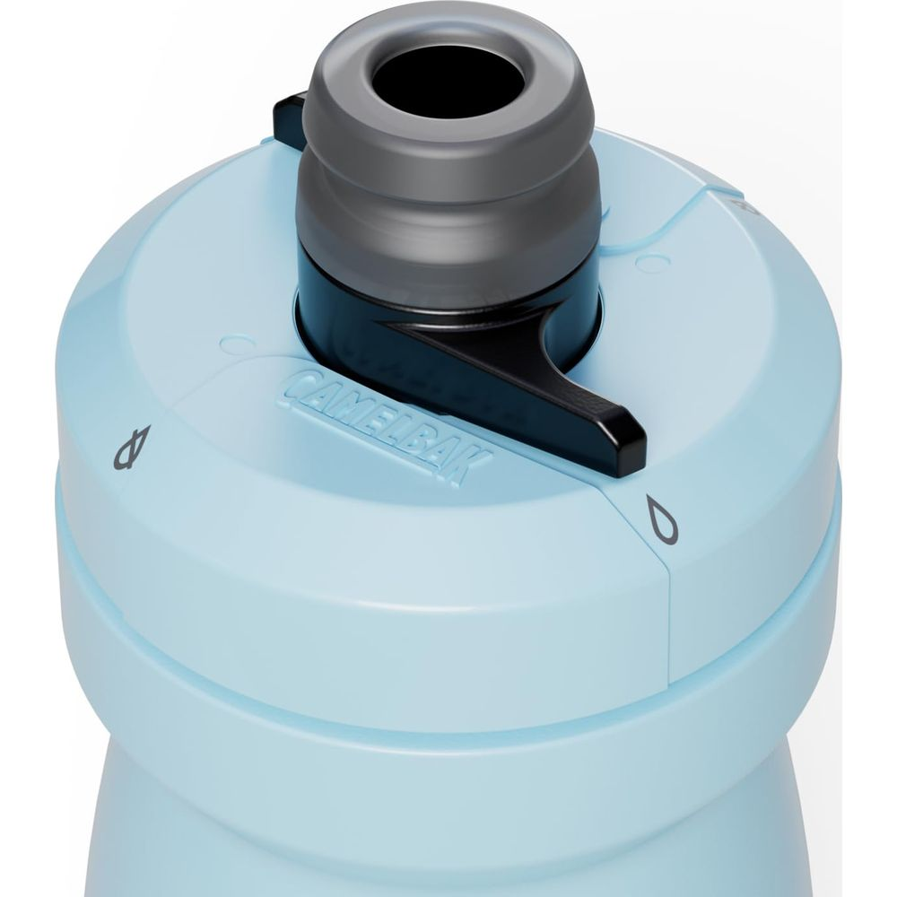 Hellblaue Camelbak-Flasche mit schwarzem und grauem Deckel und einem Ausgießer.