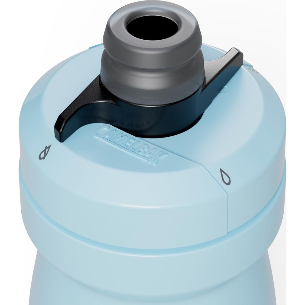 Hellblaue Camelbak-Flasche mit schwarzem Ventil und grauer Mundstückspitze.