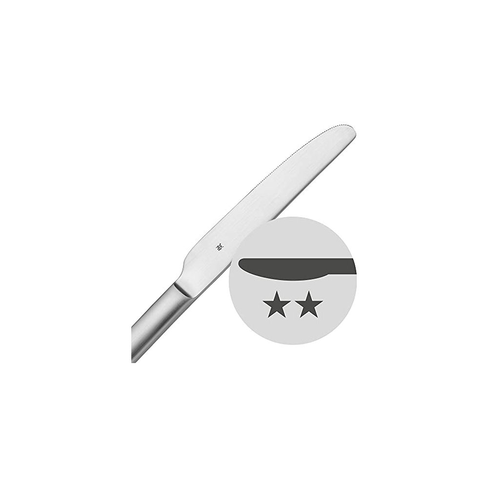 Un coltello d'argento con lama seghettata e un'emblema a due stelle.