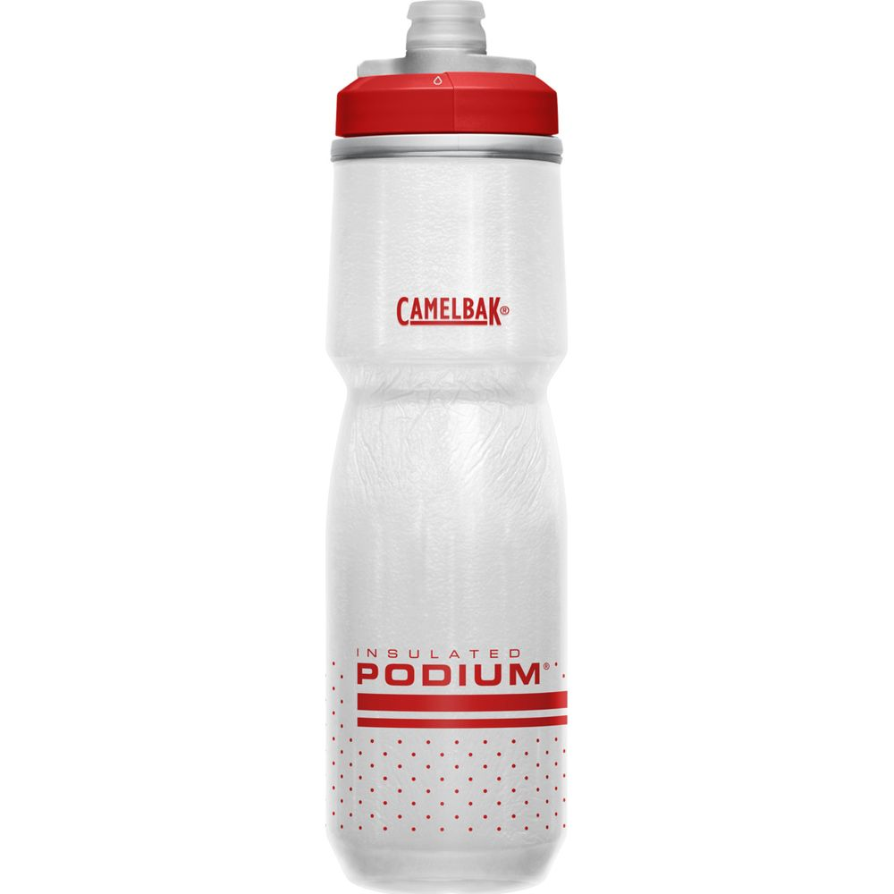 Eine weiße Camelbak Trinkflasche mit rotem Deckel und roten Punkten.