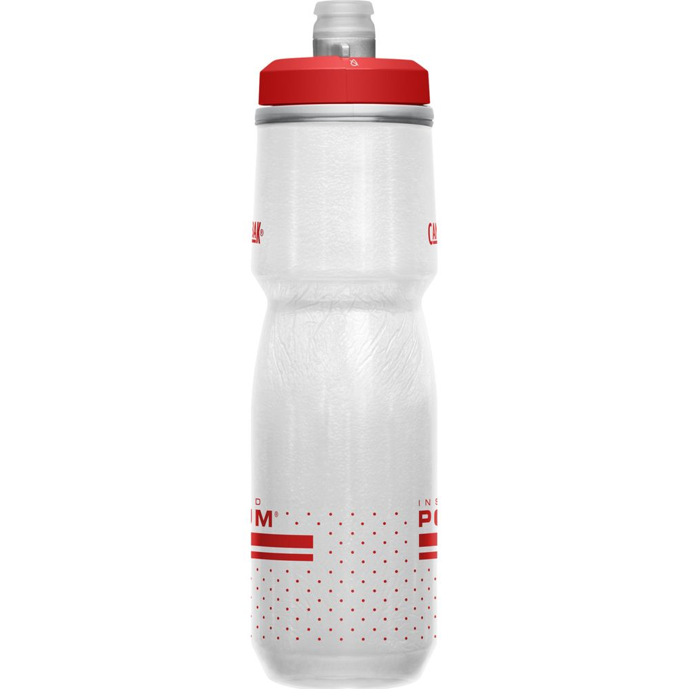 Eine weiße Plastik-Wasserflasche mit rotem Deckel und rotem Tupfendesign.