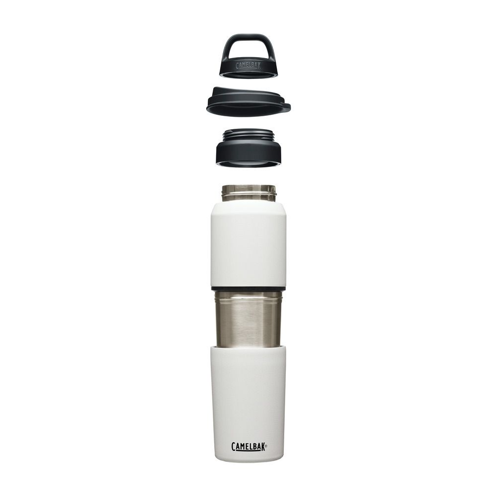 Explosionszeichnung einer weißen Camelbak-Flasche mit schwarzem Deckel, Oberteil und Boden.