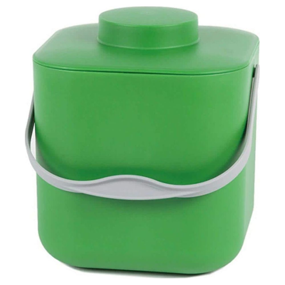 Seau vert avec couvercle et anse grise.