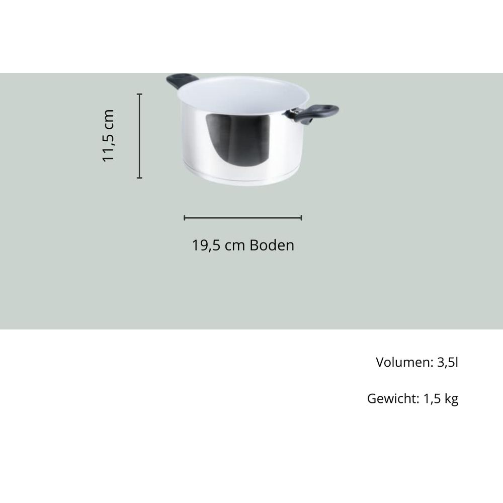 Casserole en acier inoxydable avec deux poignées, 11,5 cm de haut, 19,5 cm de base.