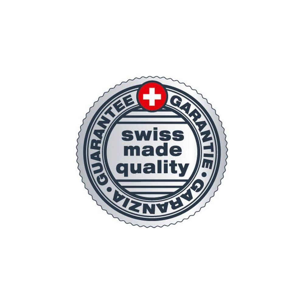 Sigillo rotondo con croce svizzera e testo 'Swiss made quality'.