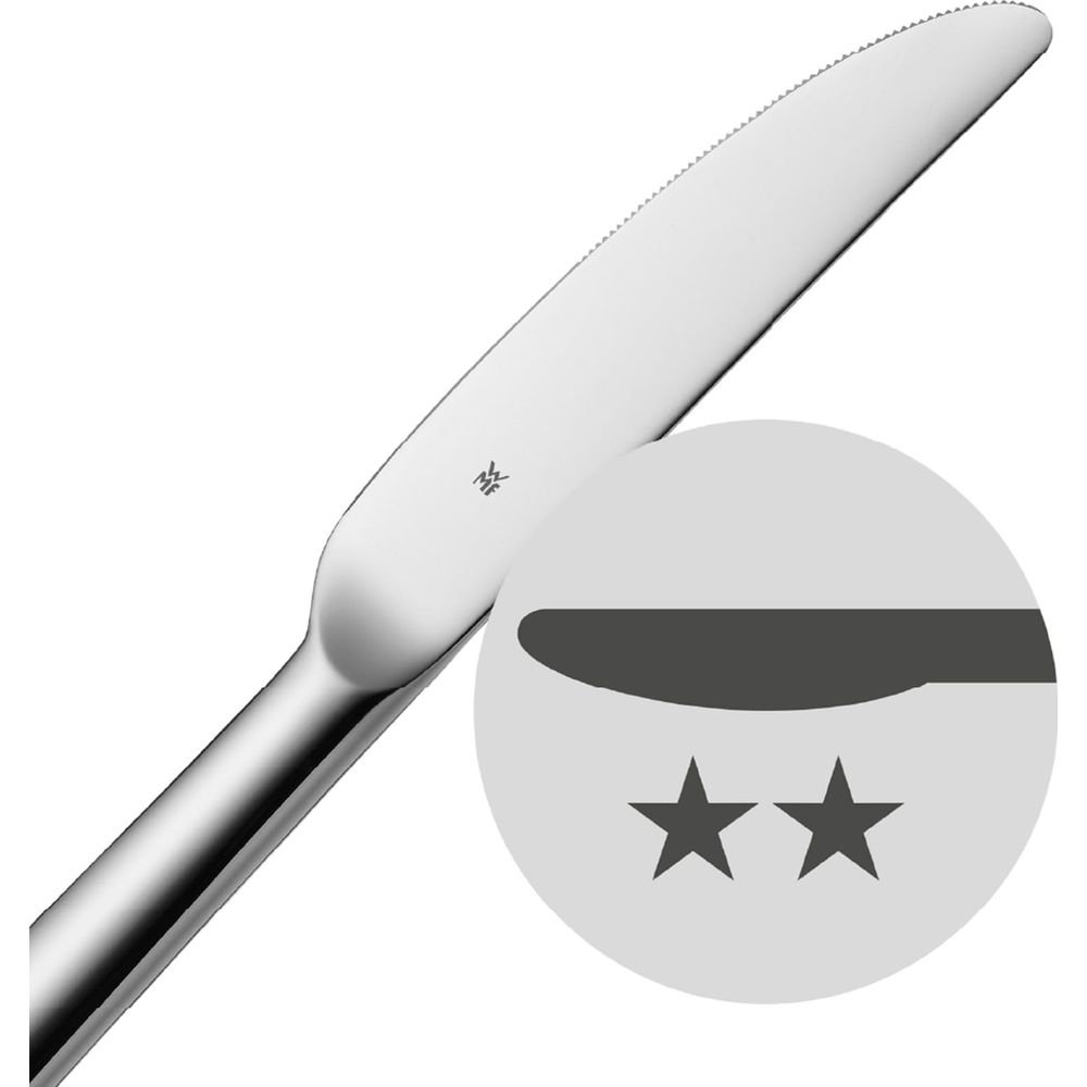 Ein silbernes Messer mit gezackter Kante und einem Logo mit zwei Sternen.