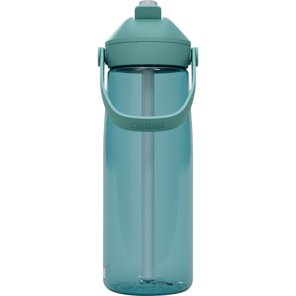 Eine türkisfarbene Trinkflasche mit Henkel und Strohhalm.