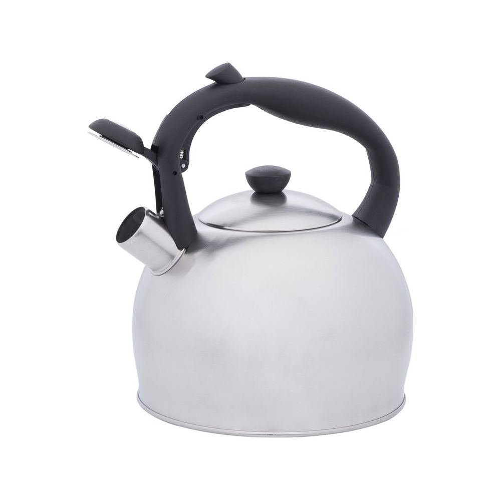 Une bouilloire argentée avec un manche et un bec noirs, sur fond blanc.