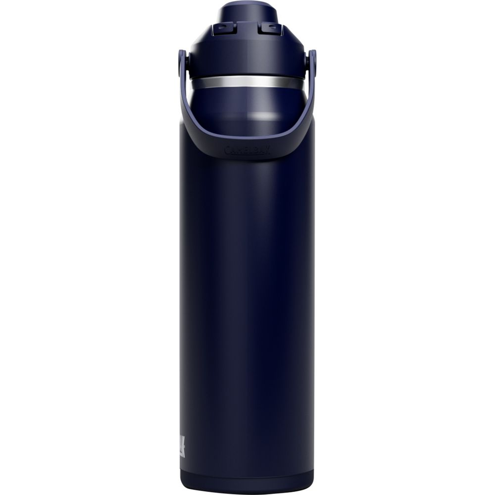 Eine dunkelblaue Wasserflasche mit schwarzem Griff und Deckel.