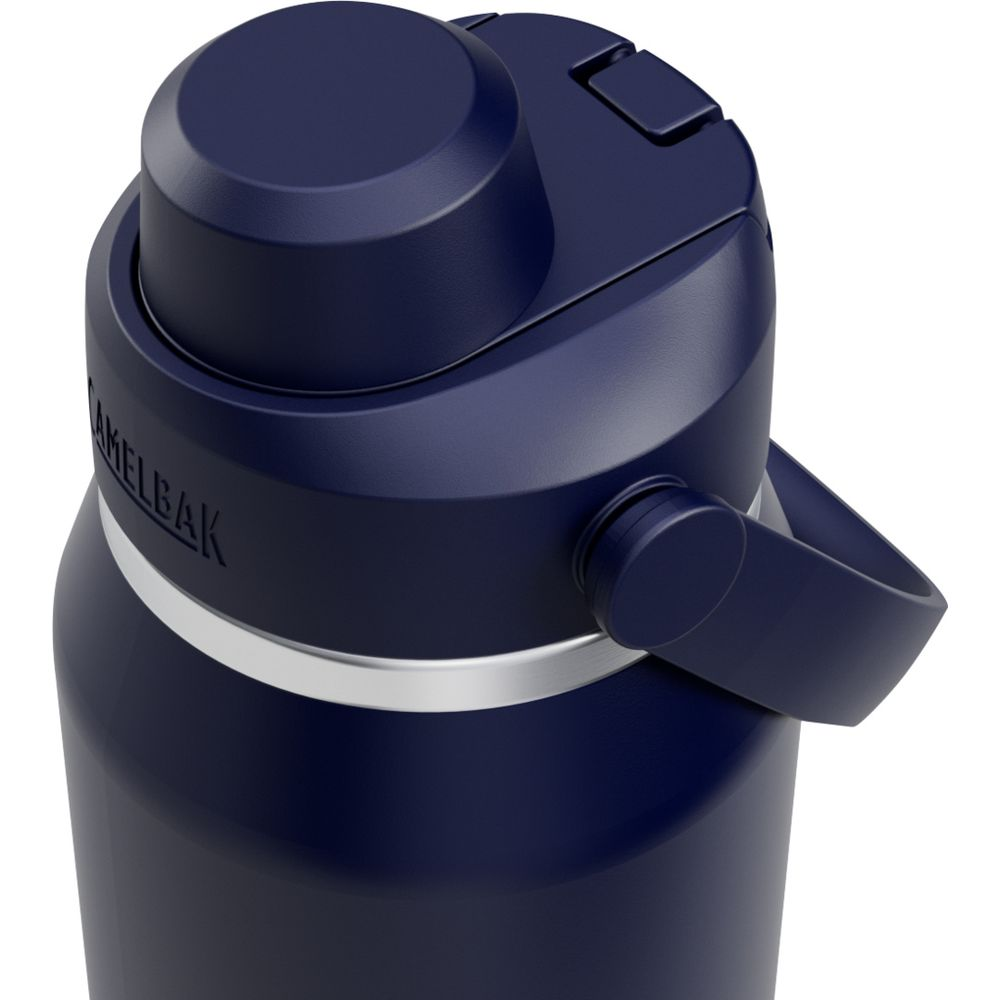 Dunkelblaue Trinkflasche mit silbernem Ring und Tragegriff.