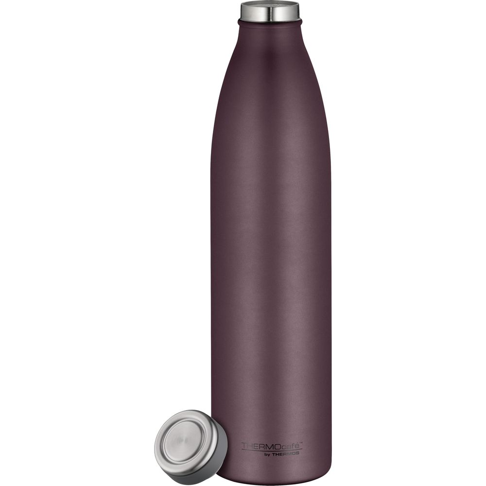 Eine dunkelviolette Thermoskanne mit silbernem Verschluss und separatem Deckel.