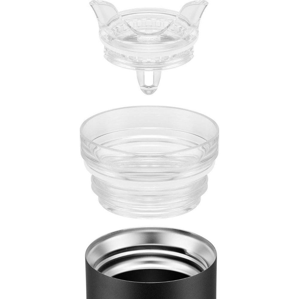 Zerlegbarer Trinkbecher: schwarzer Metallbehälter mit transparenten Glasaufsätzen.