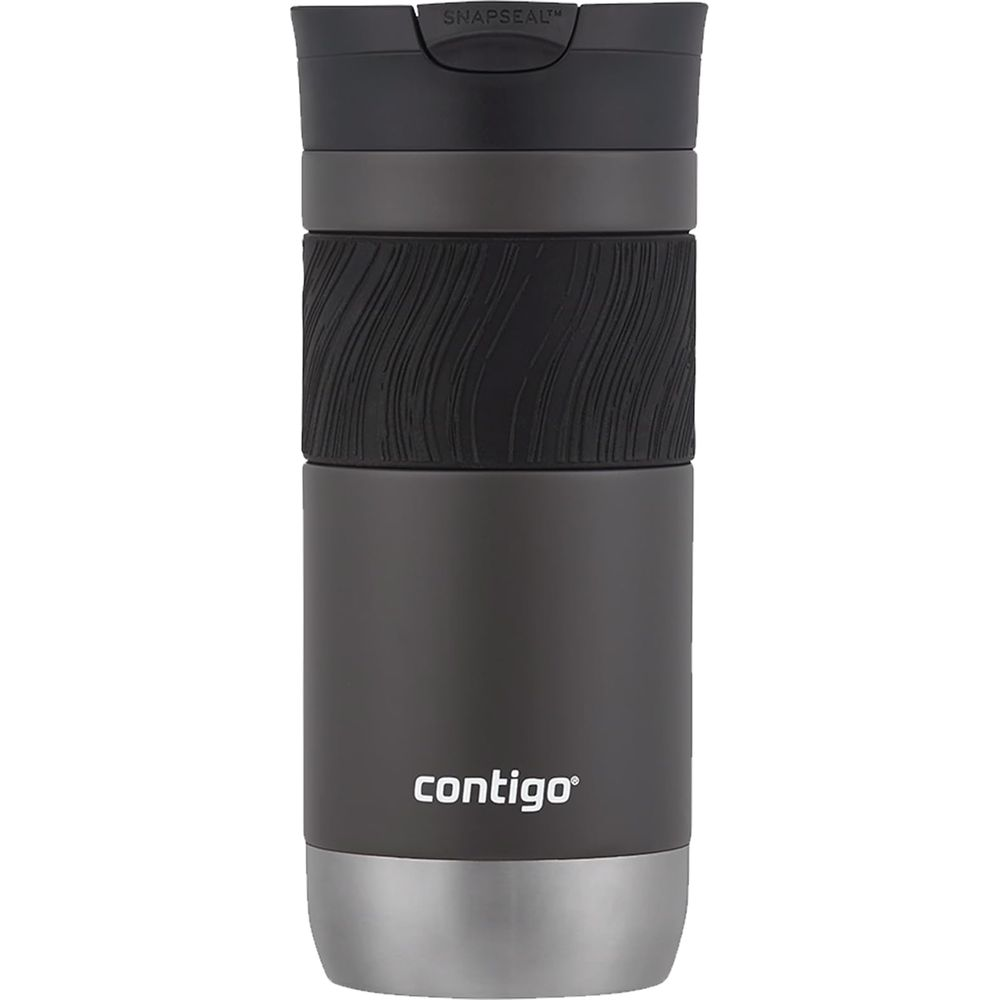 Dunkelgrauer Contigo Thermobecher mit schwarzem Griff und silbernem Boden.