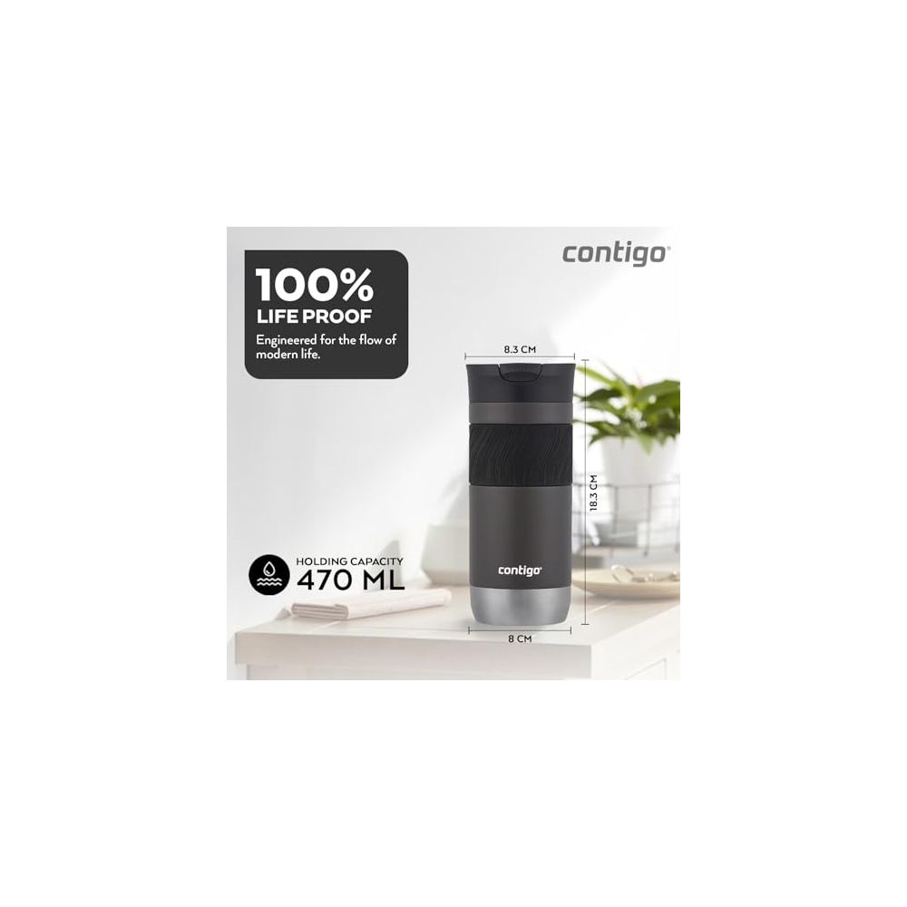 Ein schwarzer Contigo-Reisebecher mit strukturgriff, 470ml Kapazität.