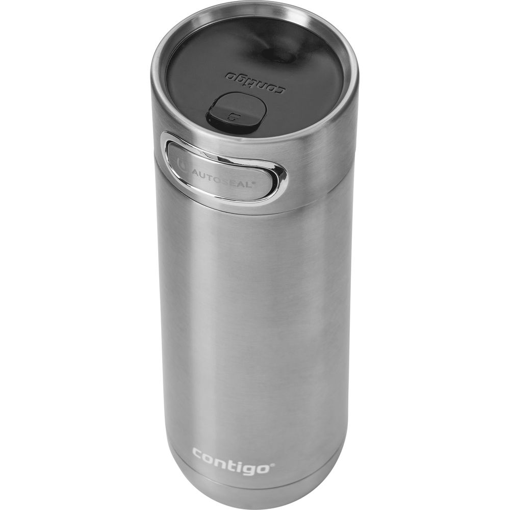Eine silberne Contigo-Thermoskanne mit schwarzem Deckel und Autoseal-Taste.