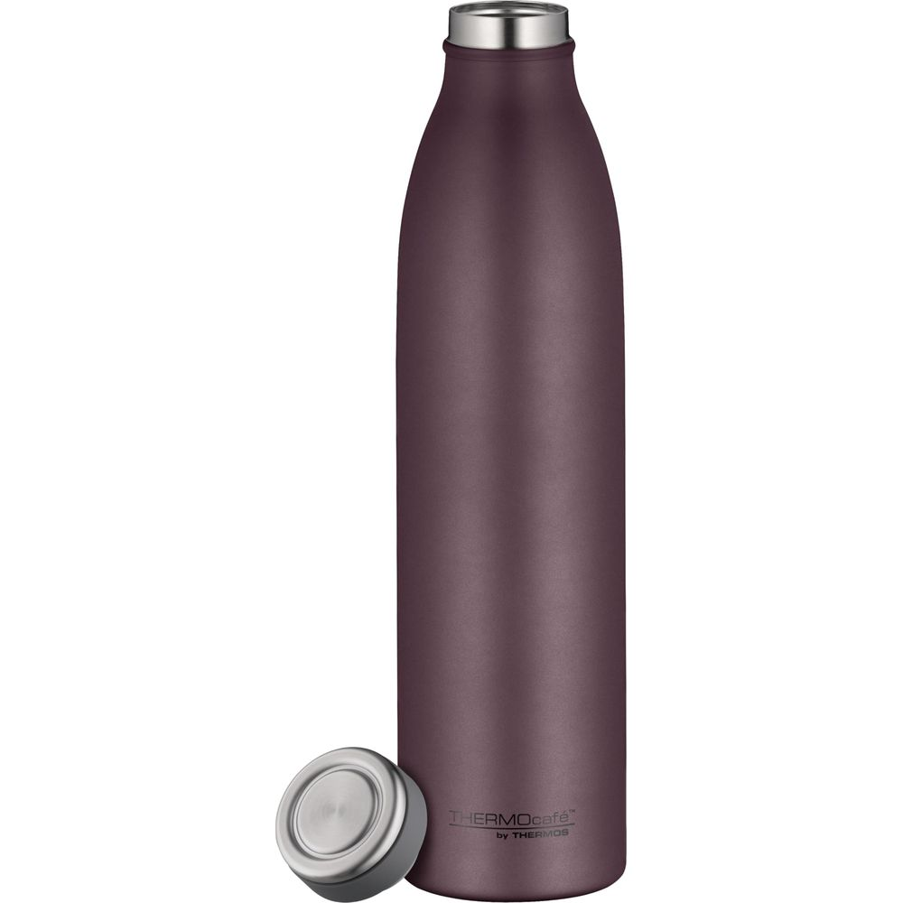 Dunkelroter Thermobecher mit silbernem Deckel daneben.